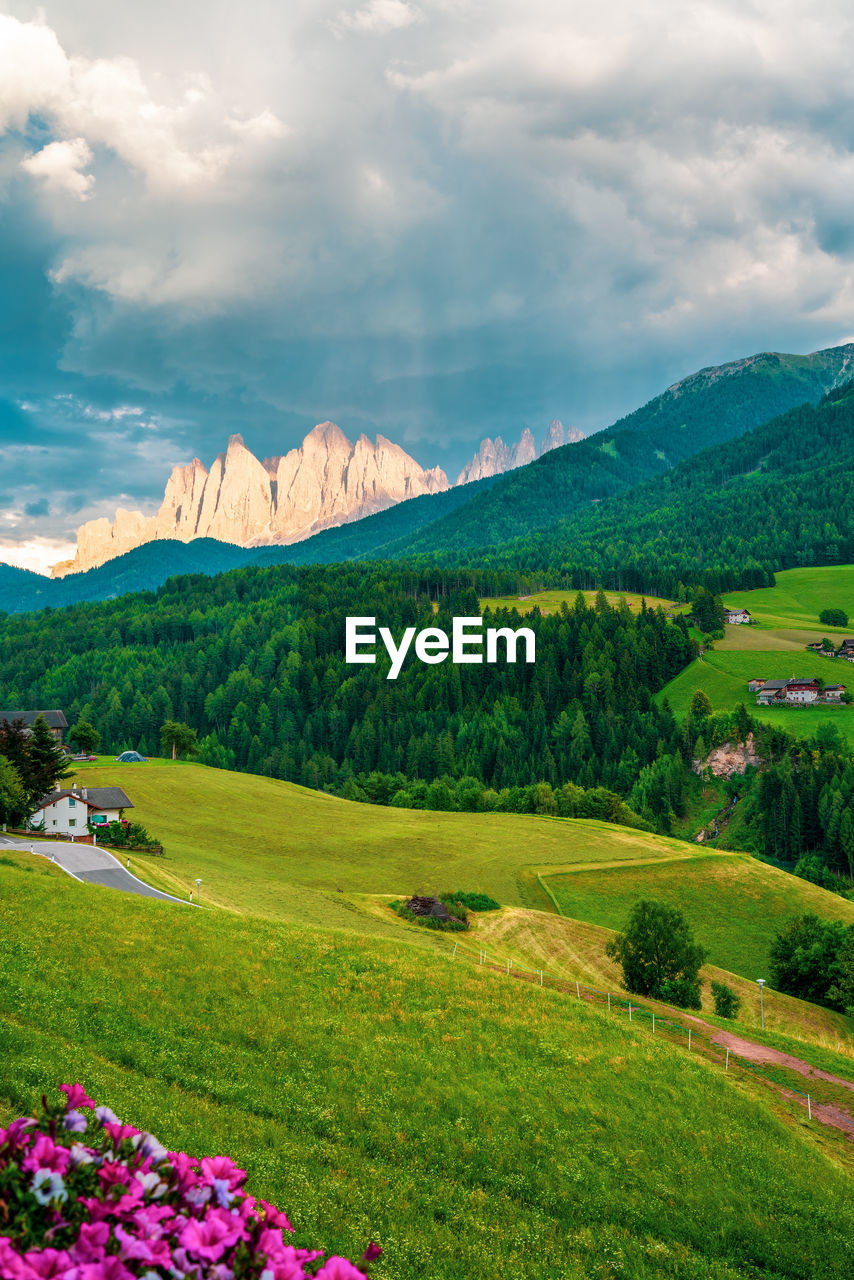 The odle mountain peaks in the dolomites in italy. the villnößtal with a view of the geisler.