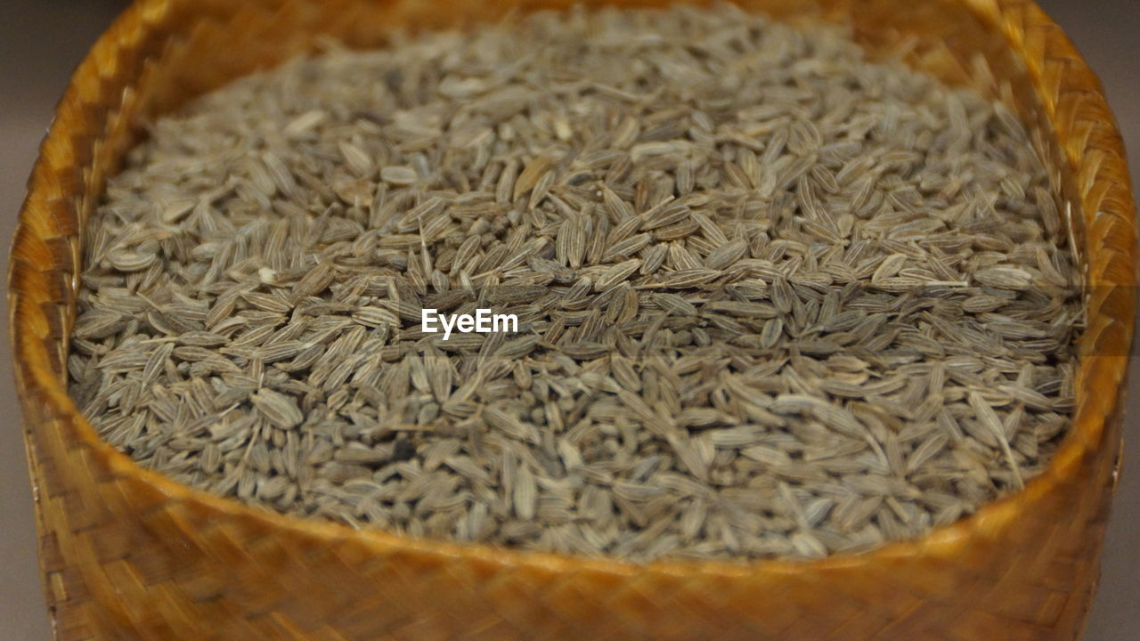 High angle view of spices in bowl on table