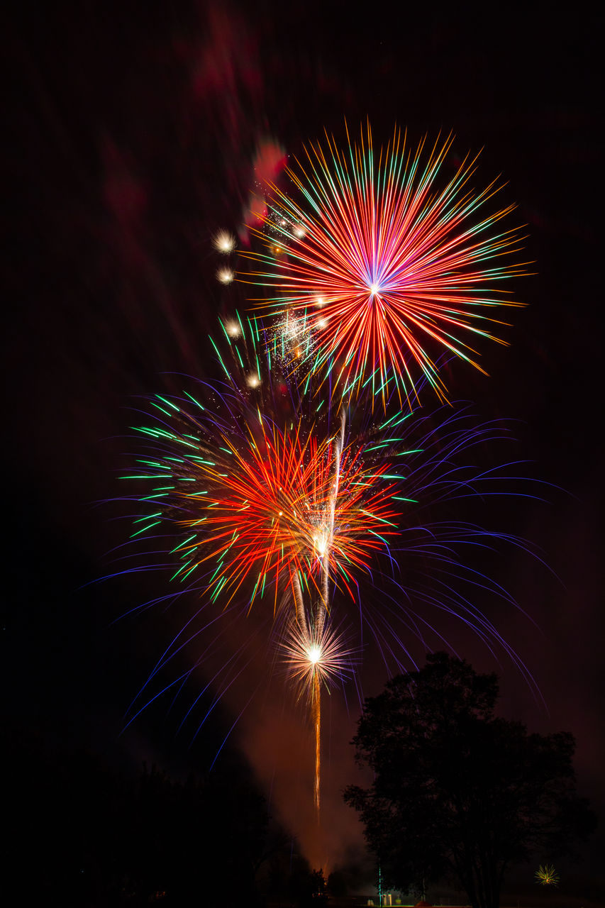 low angle view of firework display over river at night