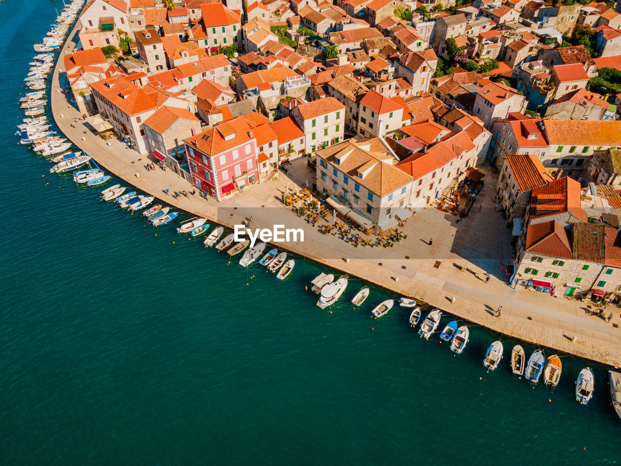 Aerial of stari grad old town in croatia in summer with historic buildings.