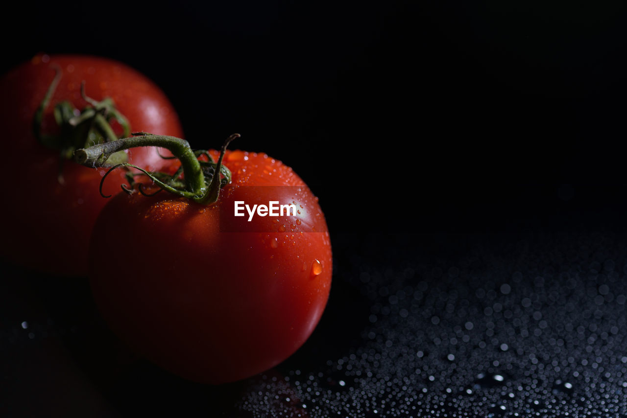 Close-up of wet tomatoes on table