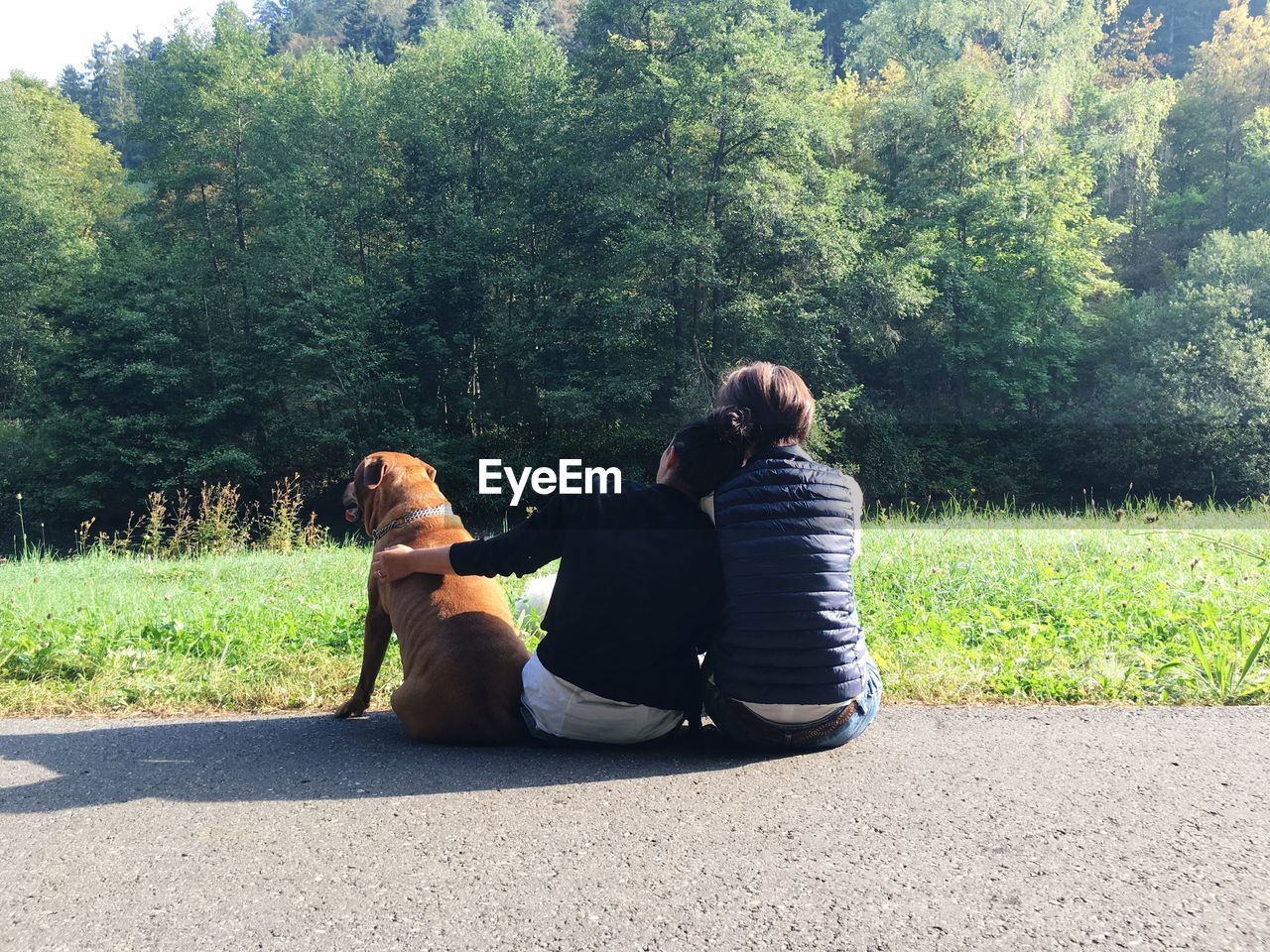 Rear view of mother and daughter with dog sitting at roadside