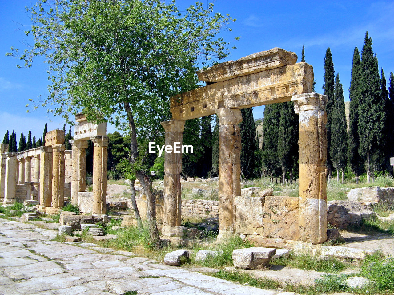 Greco-roman columns and ruins on a sunny day