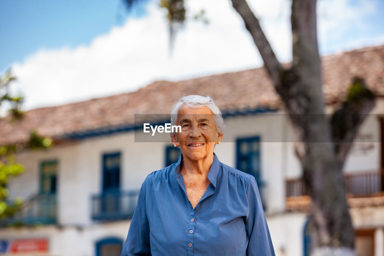 Senior woman tourist at the heritage town of salamina in the department of caldas in colombia