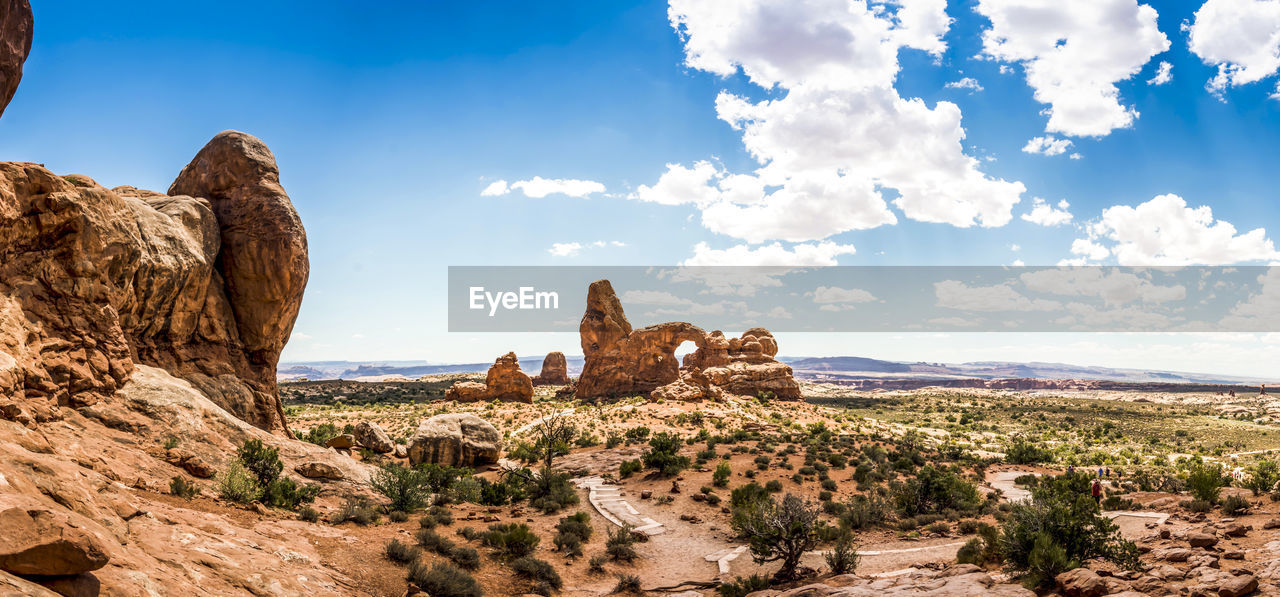 PANORAMIC VIEW OF ROCKS ON LANDSCAPE AGAINST SKY