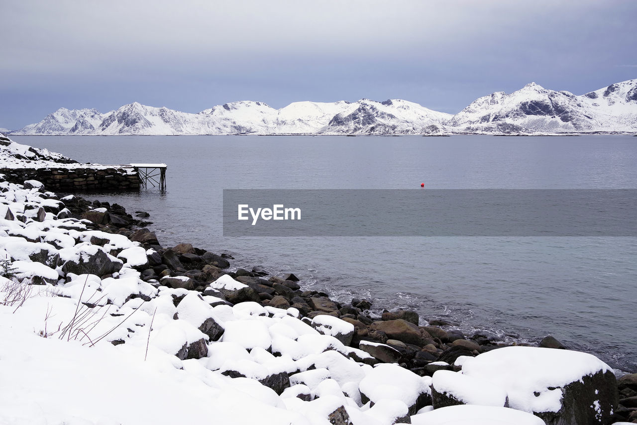 Scenic view of sea by snowcapped mountains against sky