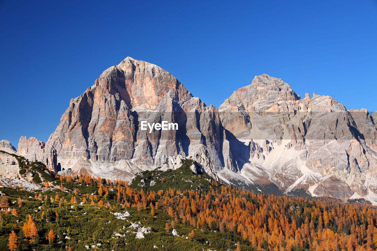 Panoramic view of rocky mountains against clear blue sky