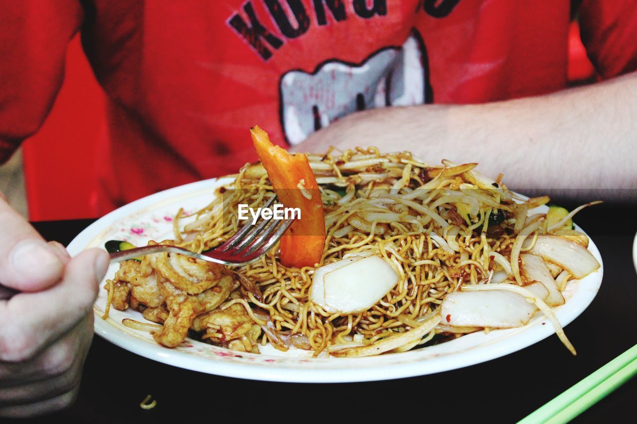 CLOSE-UP OF PERSON HOLDING FOOD IN PLATE WITH SAUCE