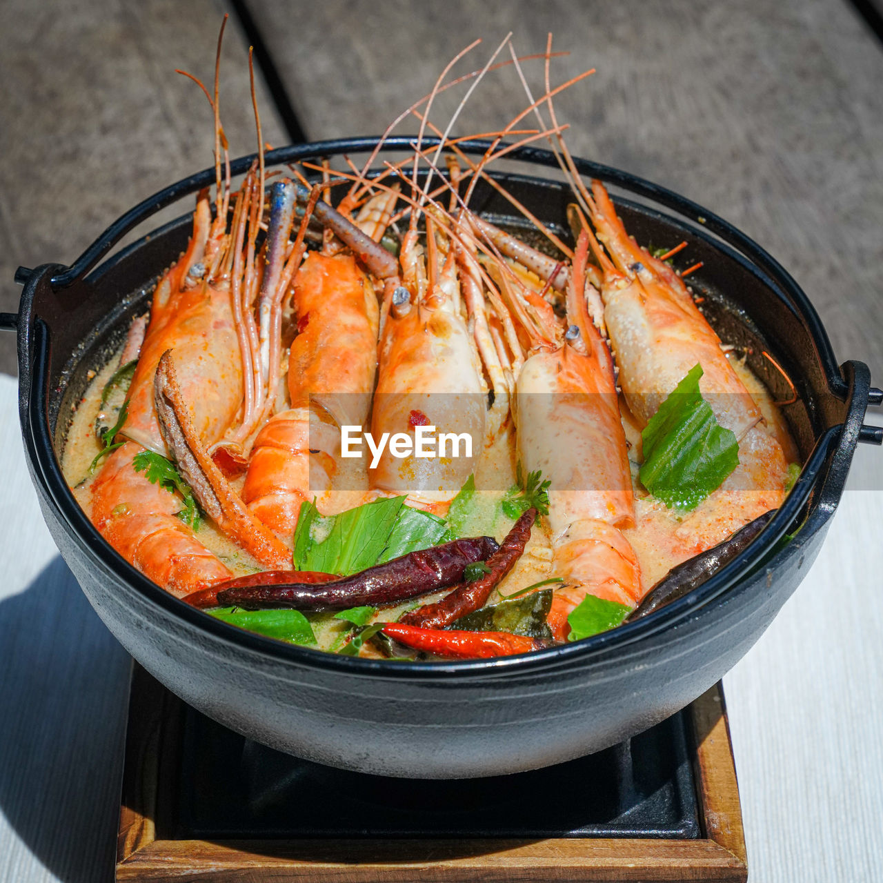 High angle view of seafood in cooking pan