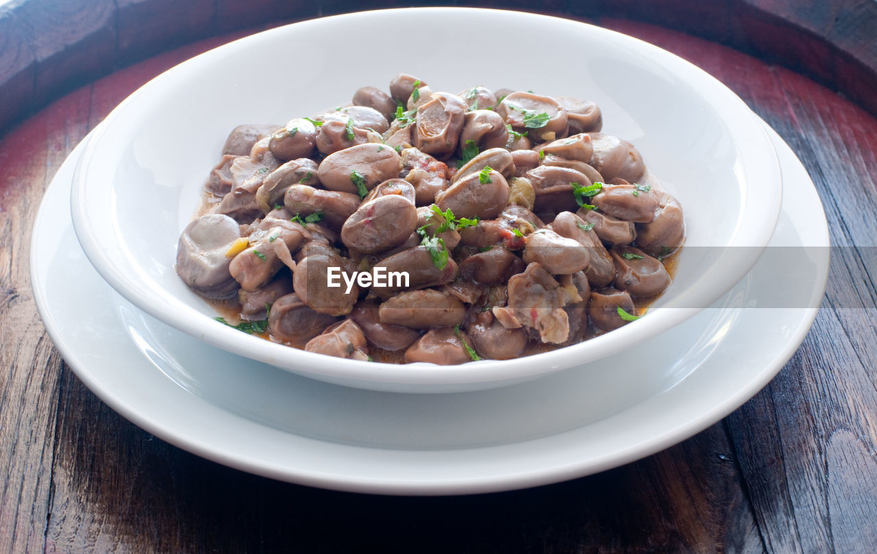 HIGH ANGLE VIEW OF MUSHROOMS IN BOWL
