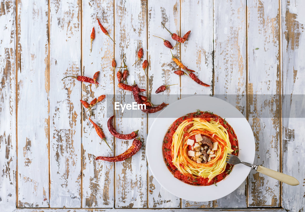 Directly above shot of pasta in plate of table