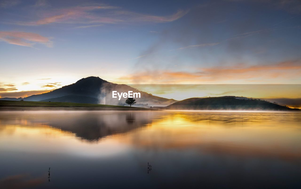 Scenic view of lake against sky during sunset