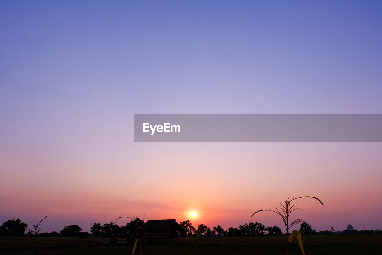 SILHOUETTE LANDSCAPE AGAINST CLEAR SKY DURING SUNSET