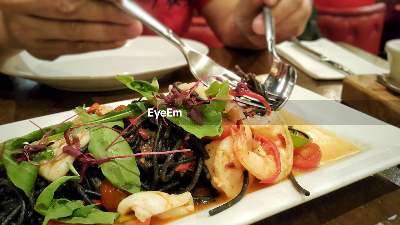 CLOSE-UP OF PERSON PREPARING FOOD ON PLATE