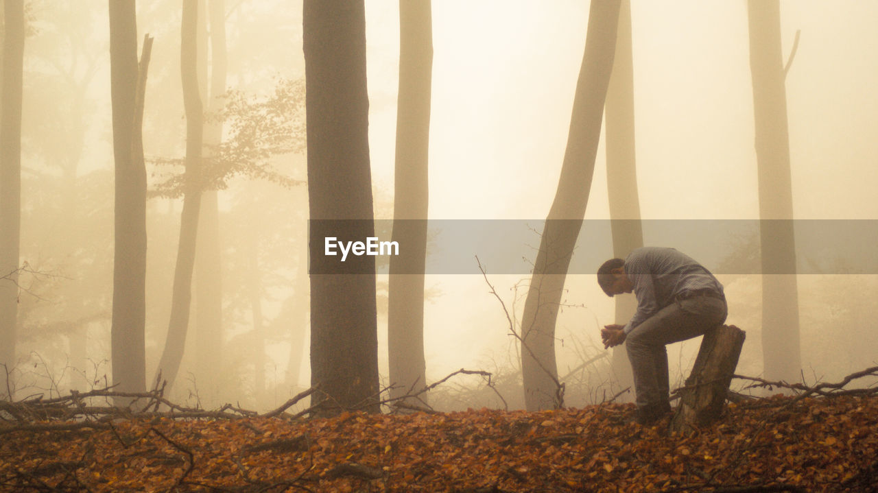 Side view of depressed man sitting on tree stump in foggy forest