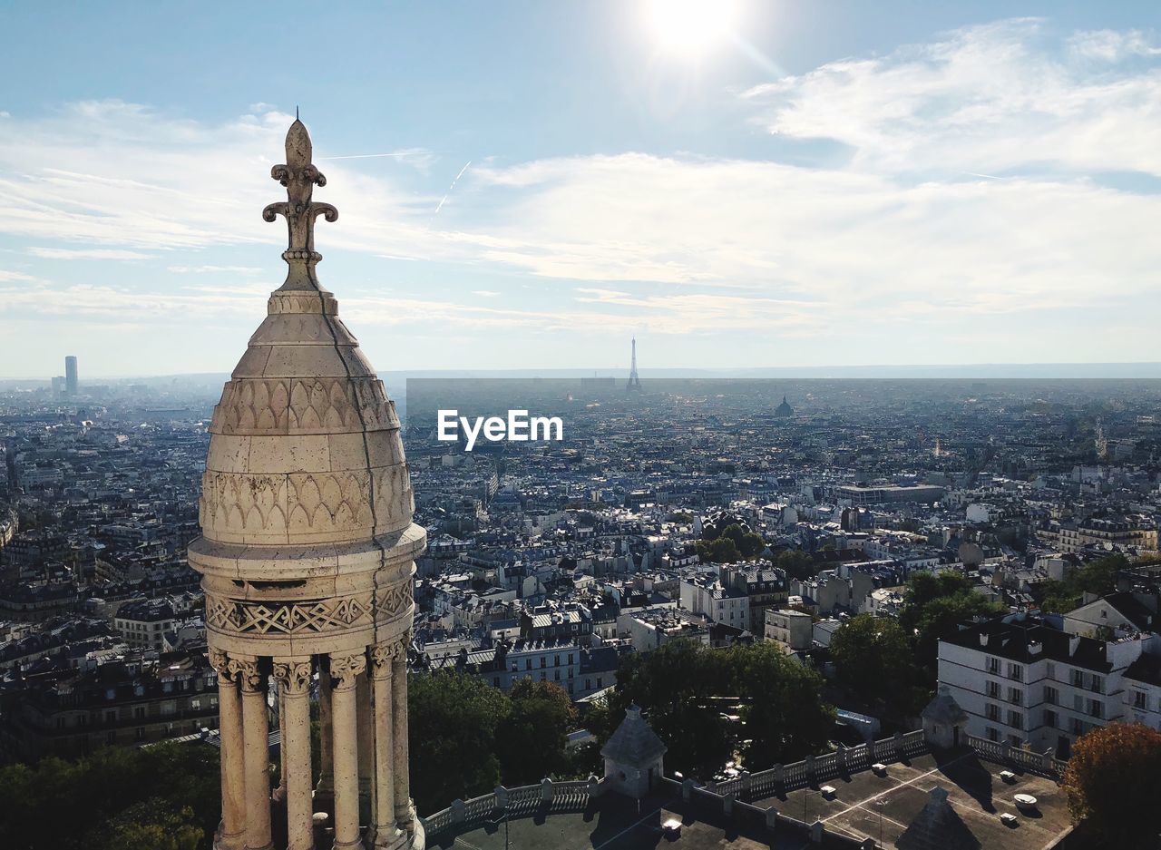 High angle view of paris buildings against sky