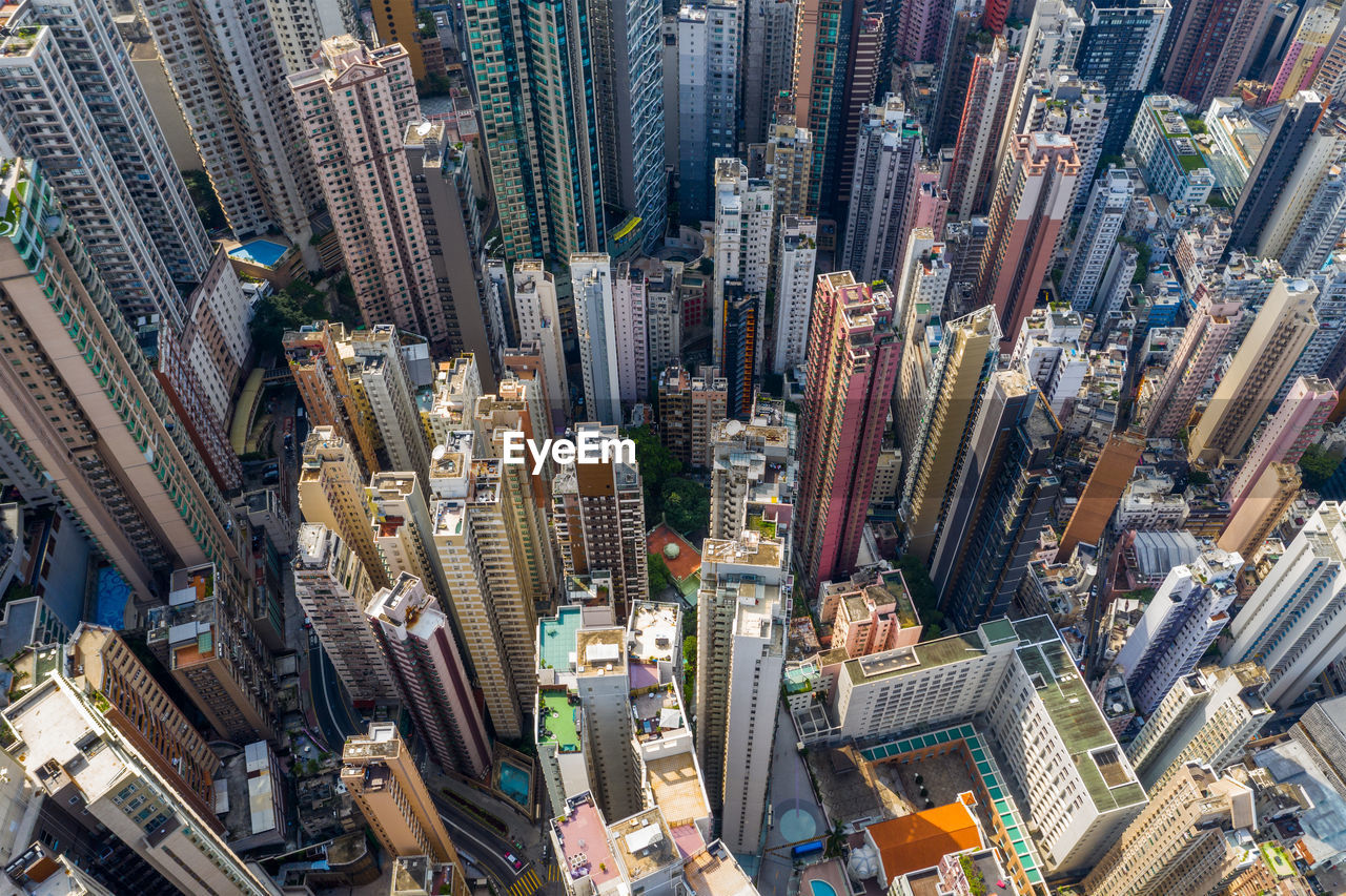 High angle view of modern buildings in city