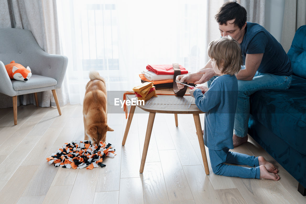 Cute preschooler boy and dad making diy snuffle mats for their pets, domestic cat and dog