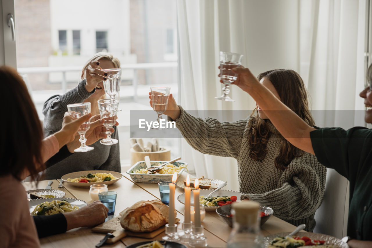 Family raising toast at dinner