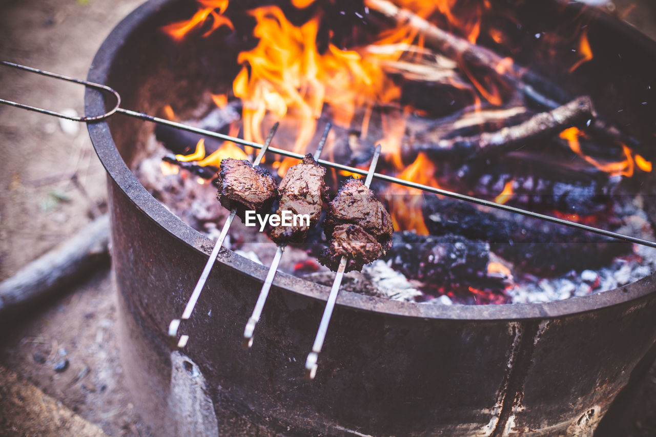 Close-up of meat on barbecue