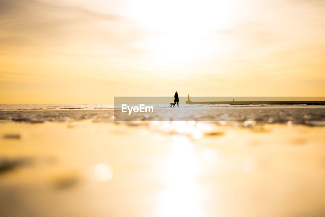 Surface level view of woman standing at beach against orange sky