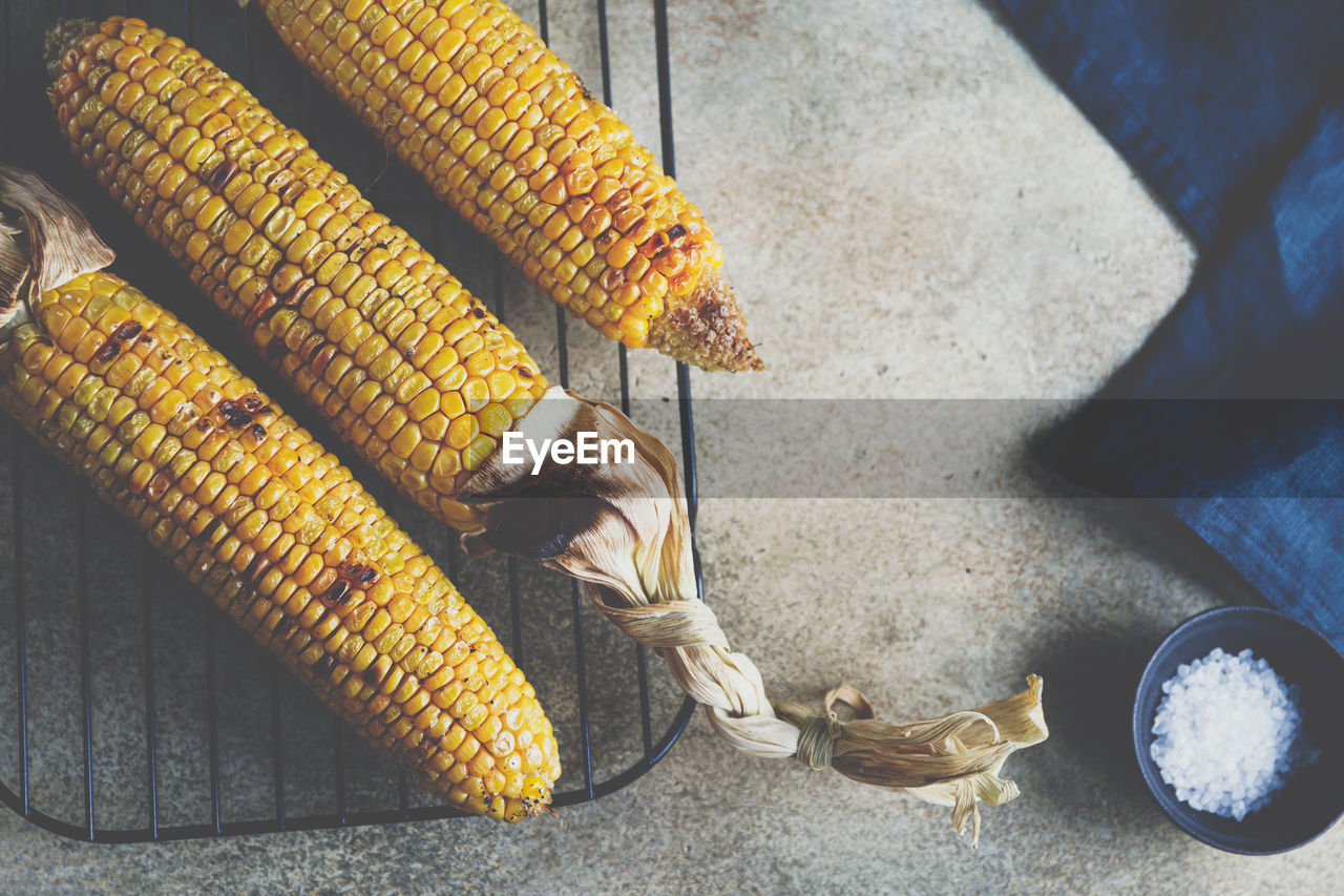 High angle view of corn on table