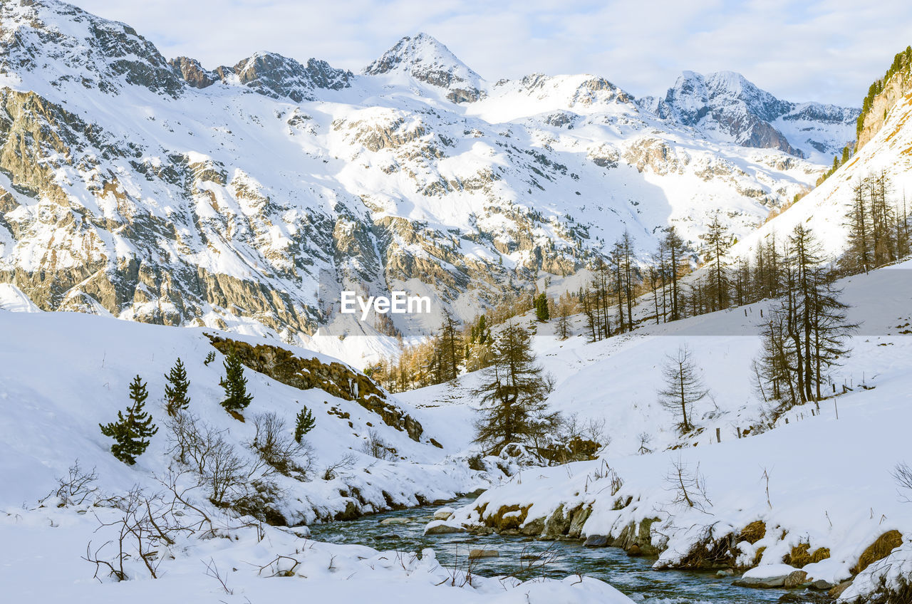 Scenic view of snow covered mountains against sky