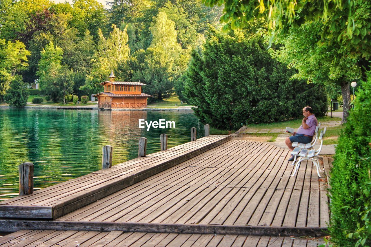 Man sitting on bench by lake against trees in park