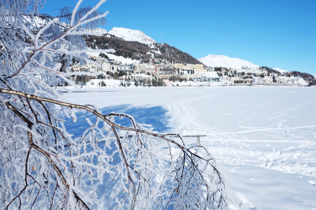 SNOW COVERED LANDSCAPE AGAINST BLUE SKY