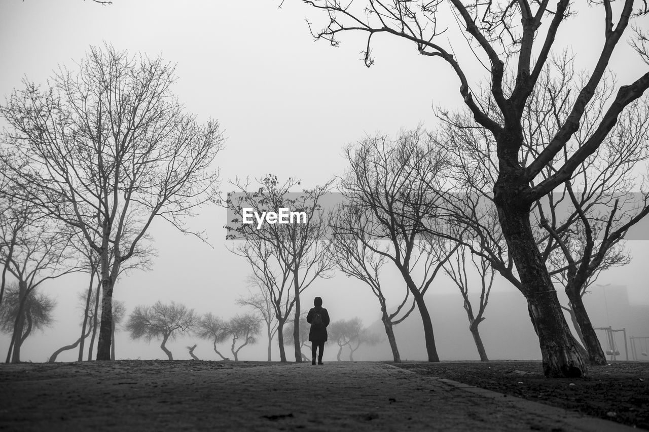 Silhouette woman standing by bare trees on field against sky