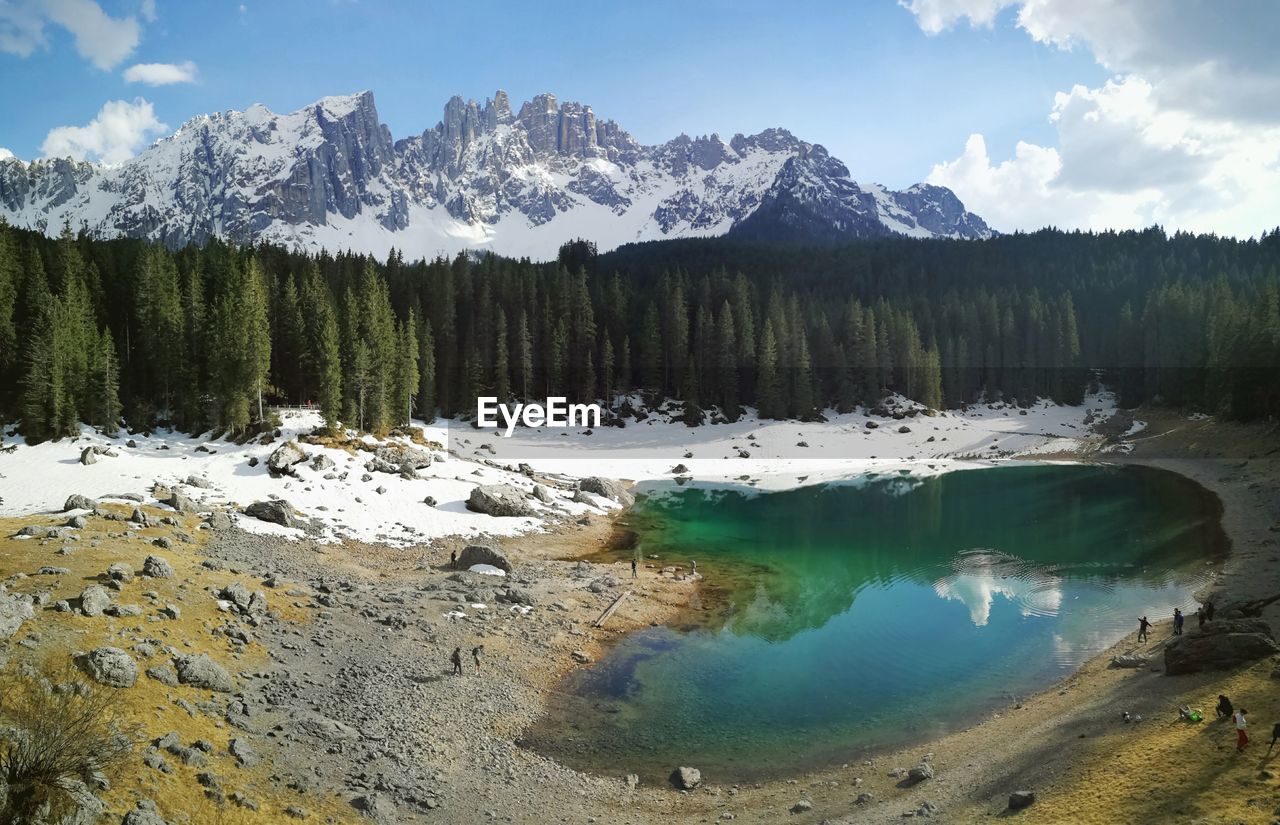 Panoramic view of lake and snowcapped mountains against sky