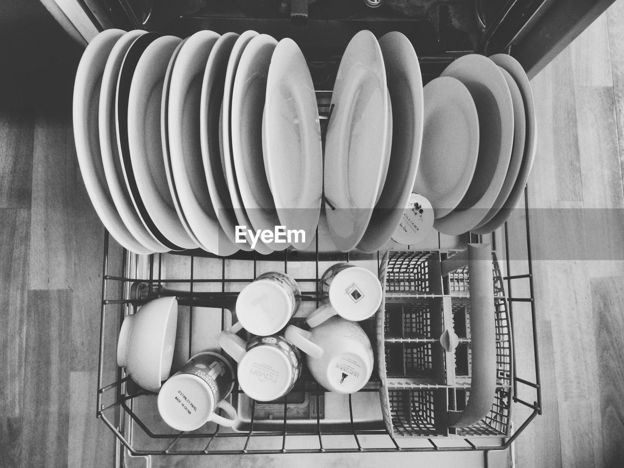 High angle view of utensils in dishwasher