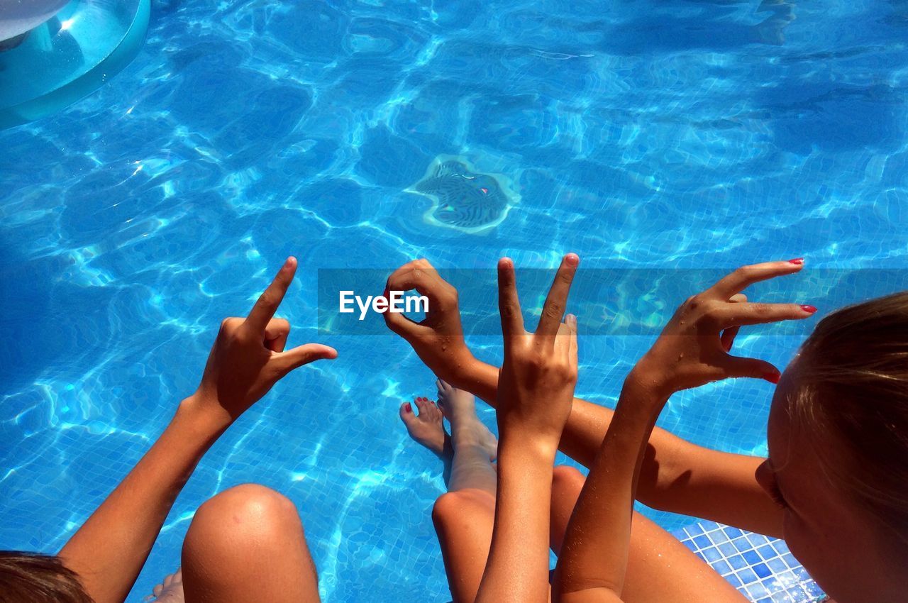 High angle view of girls gesturing while sitting in swimming pool