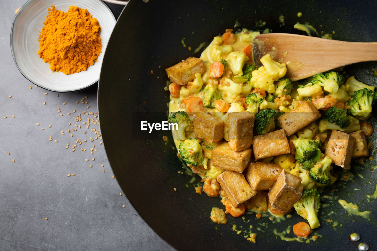 High angle view of food in bowls on table