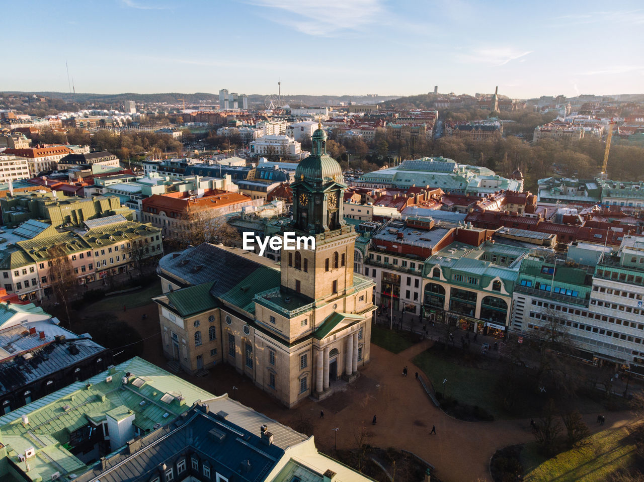 High angle view of buildings in town