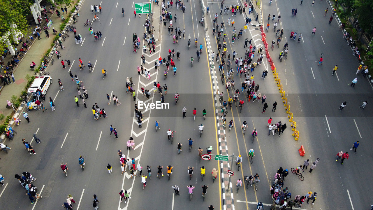 High angle view of crowd on city street