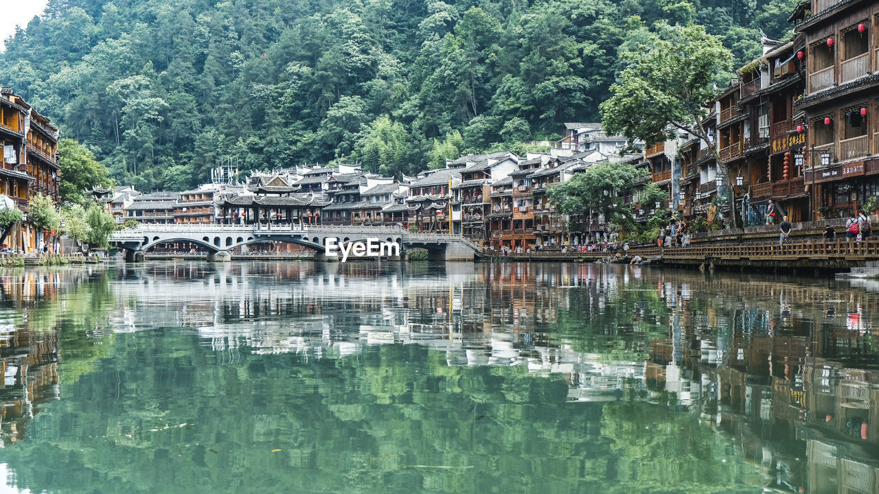 Reflection of buildings in lake