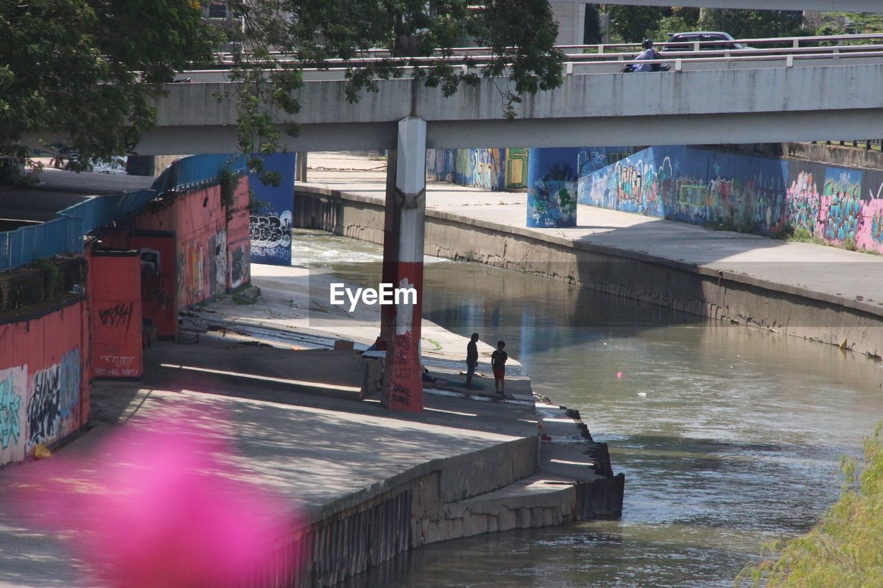 Side view of footbridge above canal