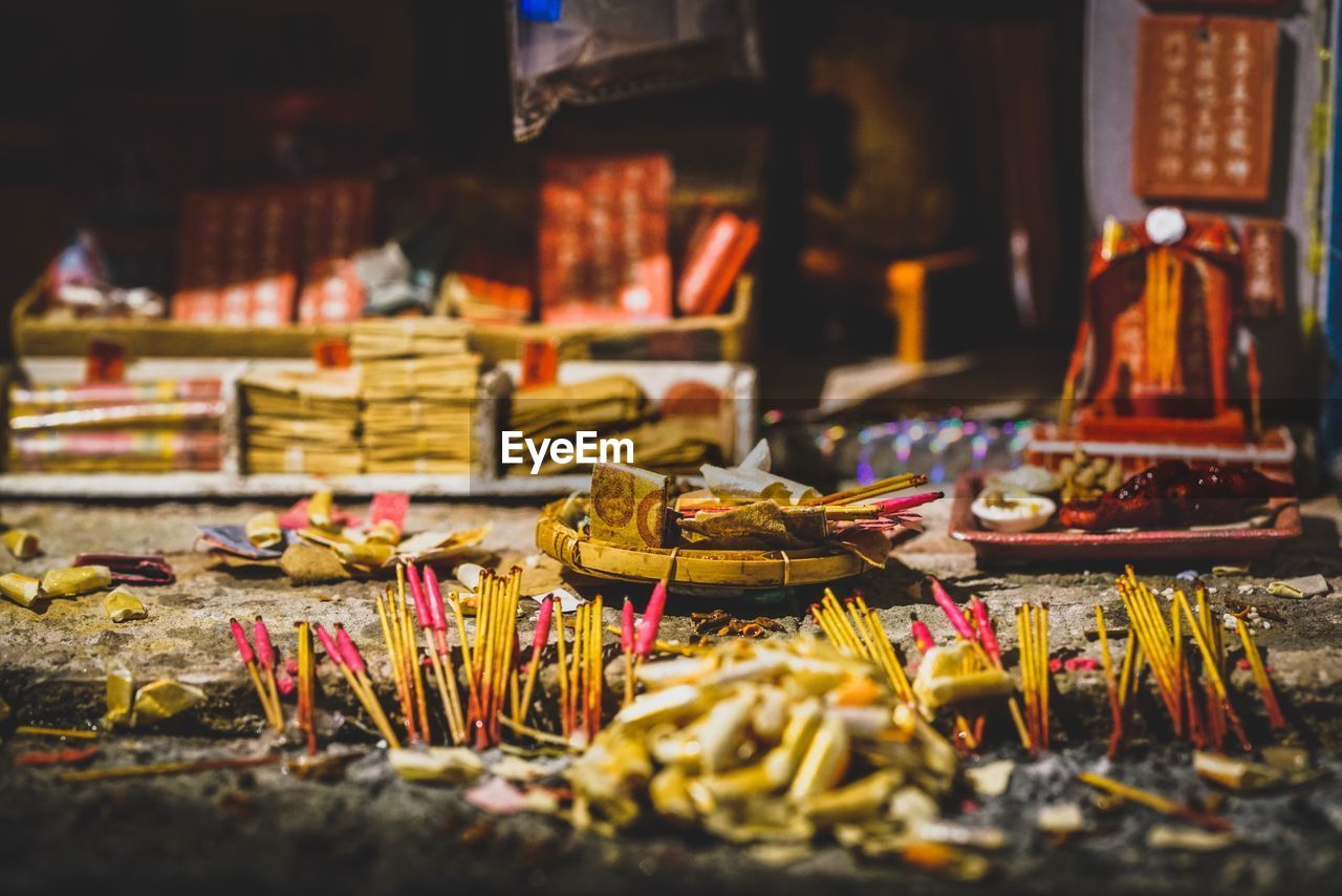 Close-up of incense in temple