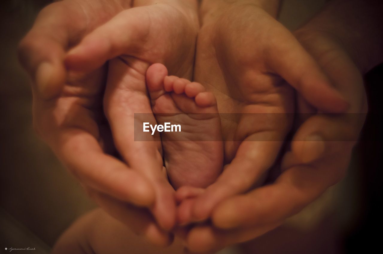 Cropped hands of parents holding baby barefoot