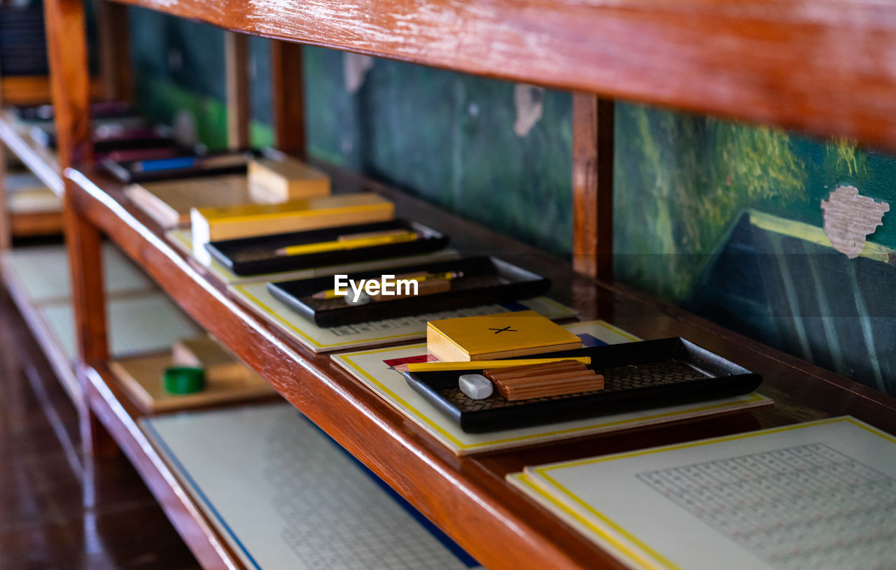 CLOSE-UP OF OPEN BOOK ON TABLE IN SHELF