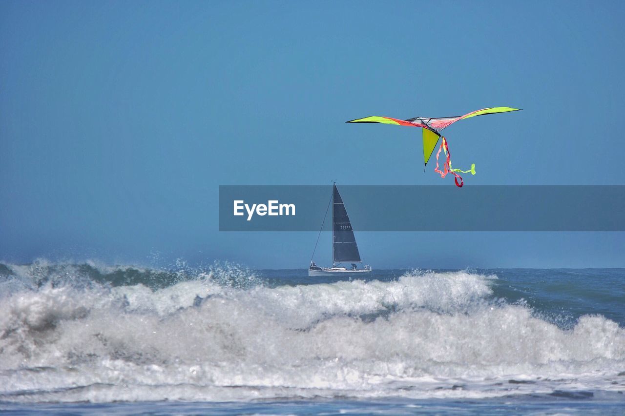 KITE FLYING OVER SEA AGAINST CLEAR SKY