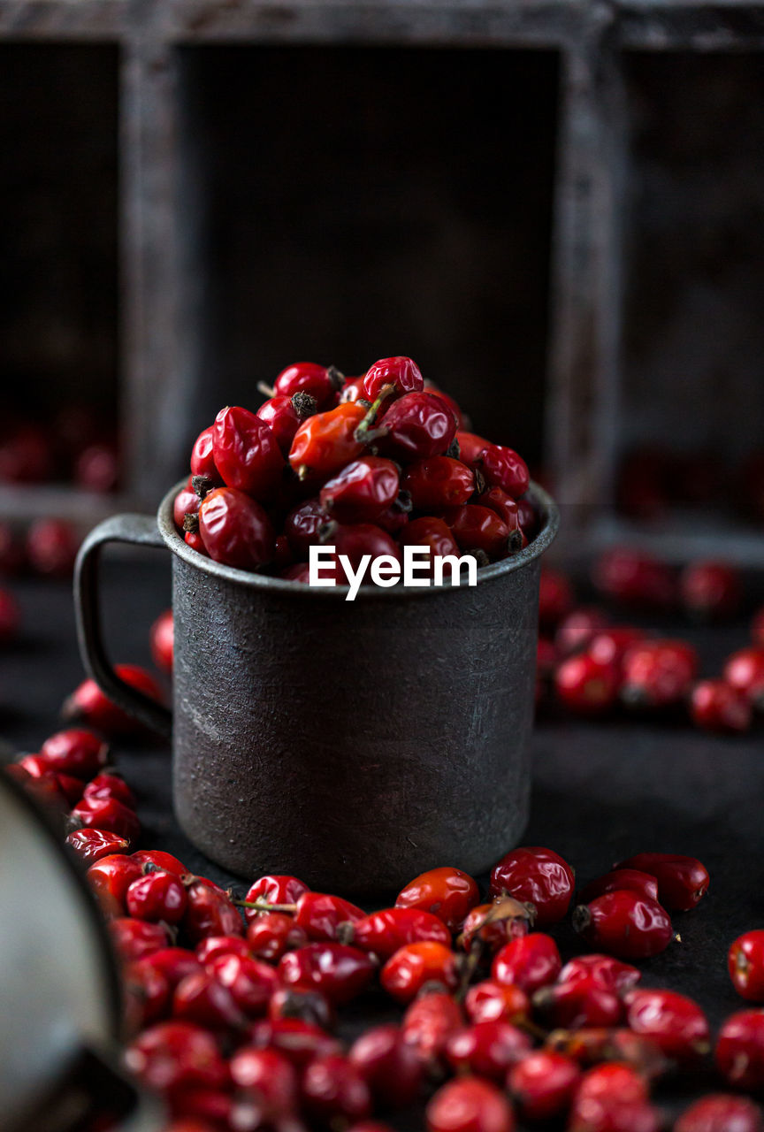 Dried rosehip fruits on the table