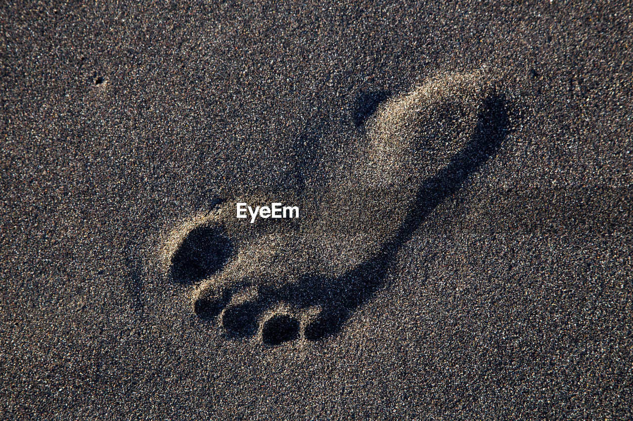 High angle view of footprint on sand at beach