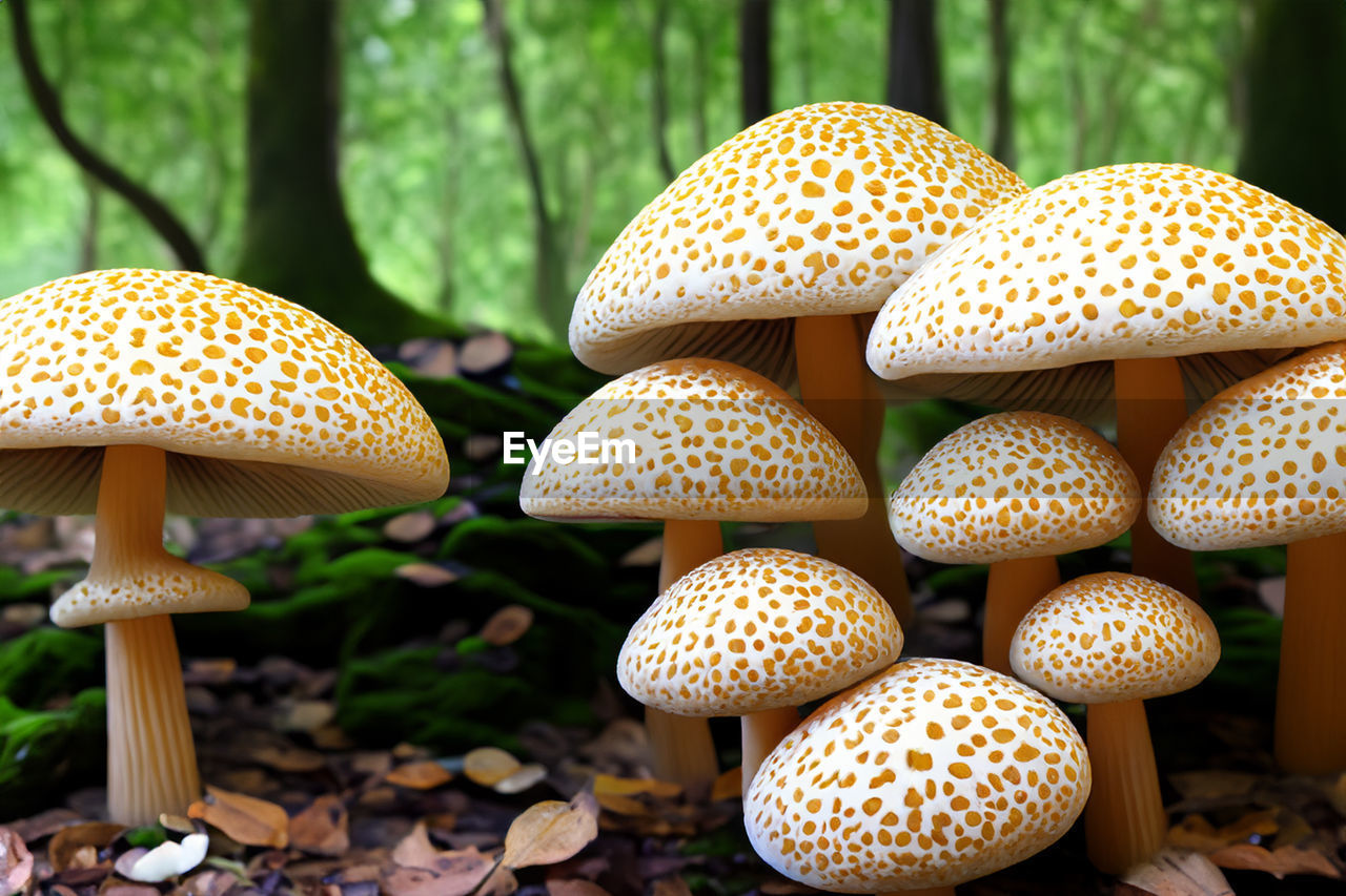 close-up of mushrooms growing on tree