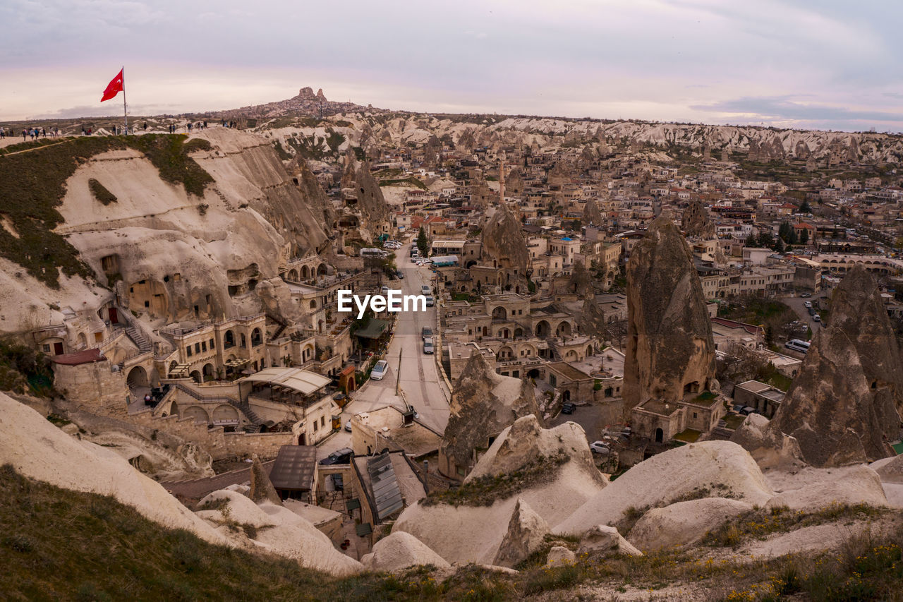 AERIAL VIEW OF BUILDINGS IN CITY AGAINST SKY