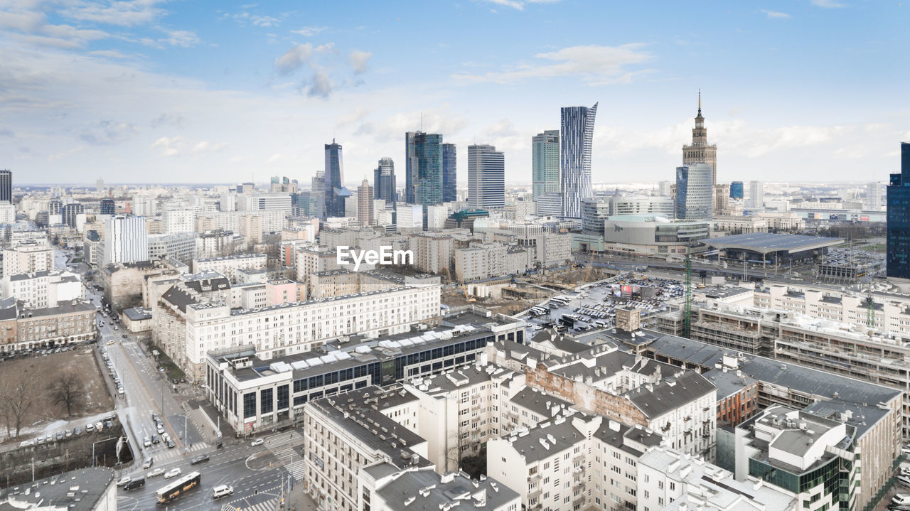 High angle view of buildings in city