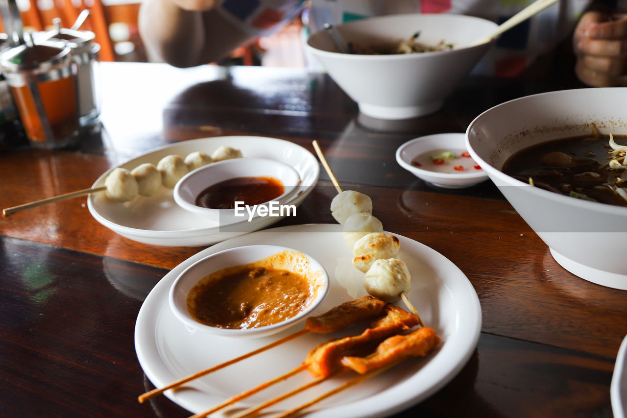 High angle view of meal served on table