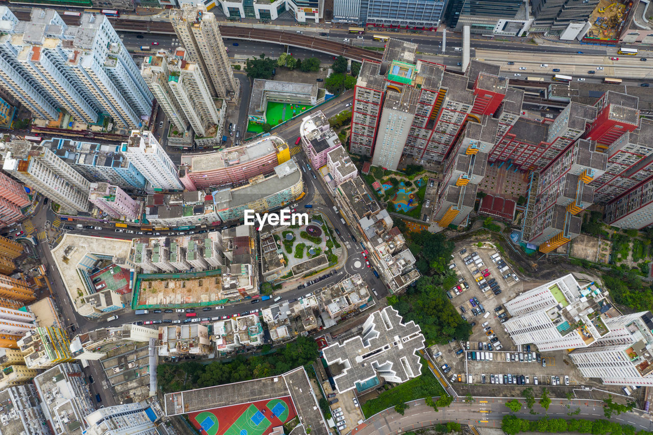 High angle view of buildings in city