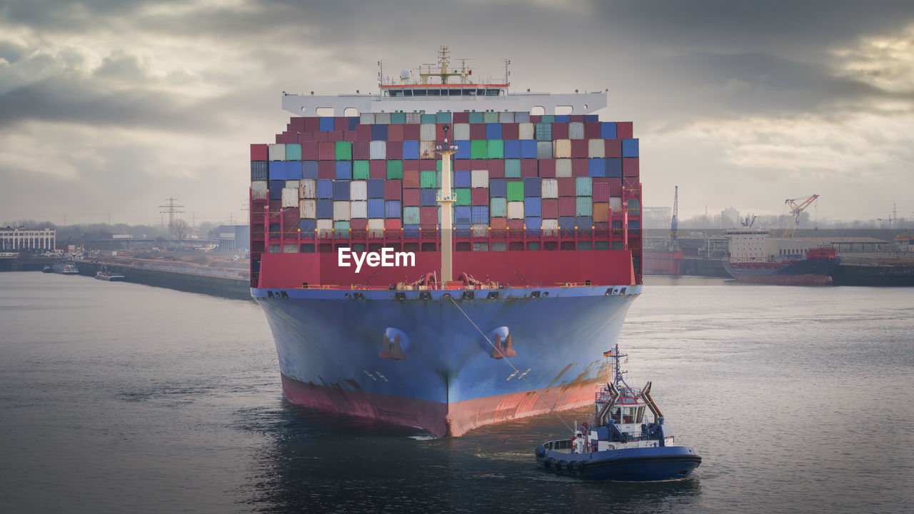 Huge container ship in the port of hamburg